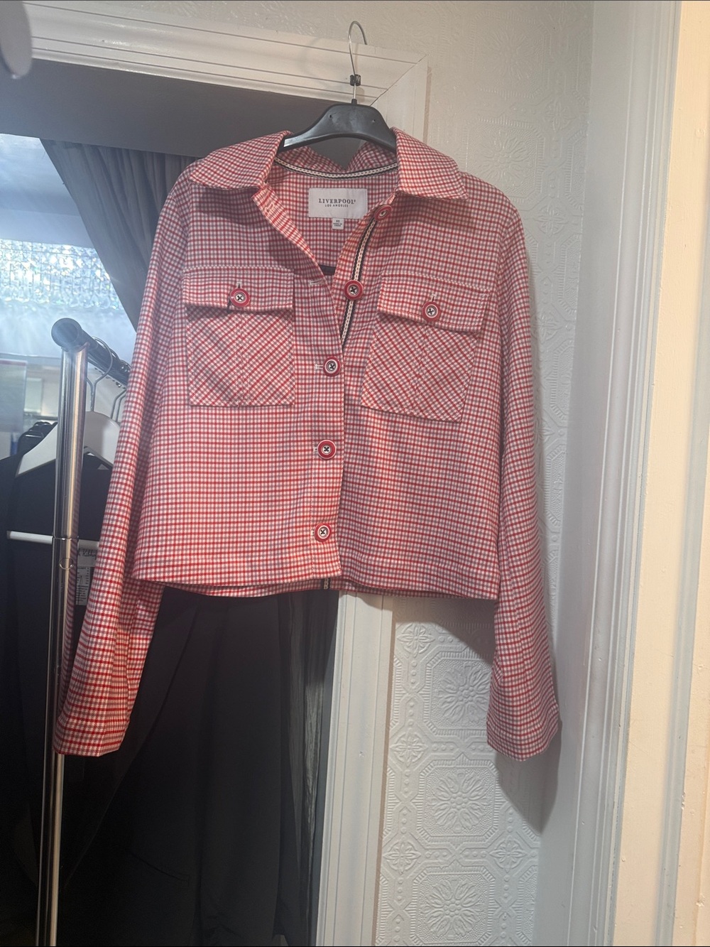 Liverpool Red and White Gingham Cropped Button Jacket